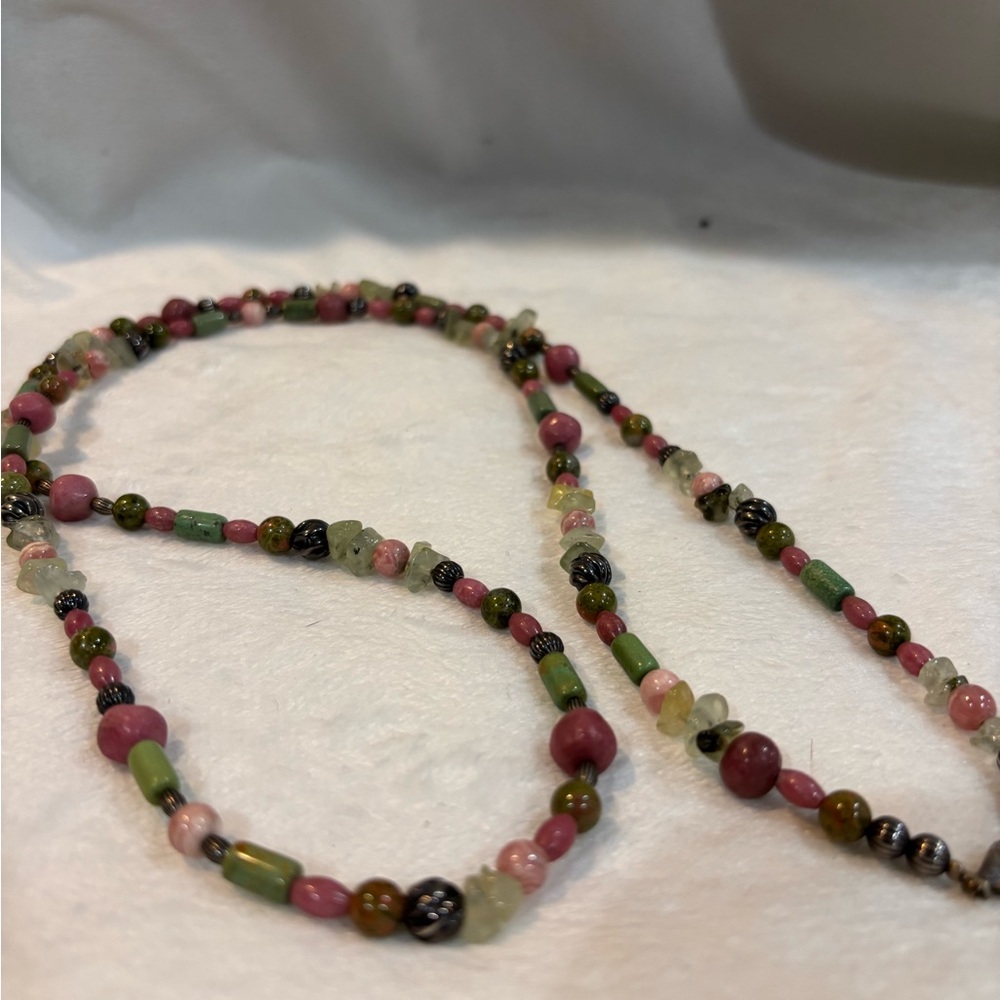 Sterling Carolyn Pollack Shades of Green & Pink Gemstone Beaded Necklace 36 in - Picture 3 of 5